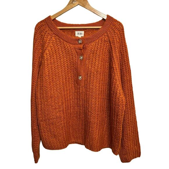 Bibi Sweaters - BiBi Loose Knit Sweater Style IP5409-01 Burnt Orange Women’s XL V-Neck Buttons